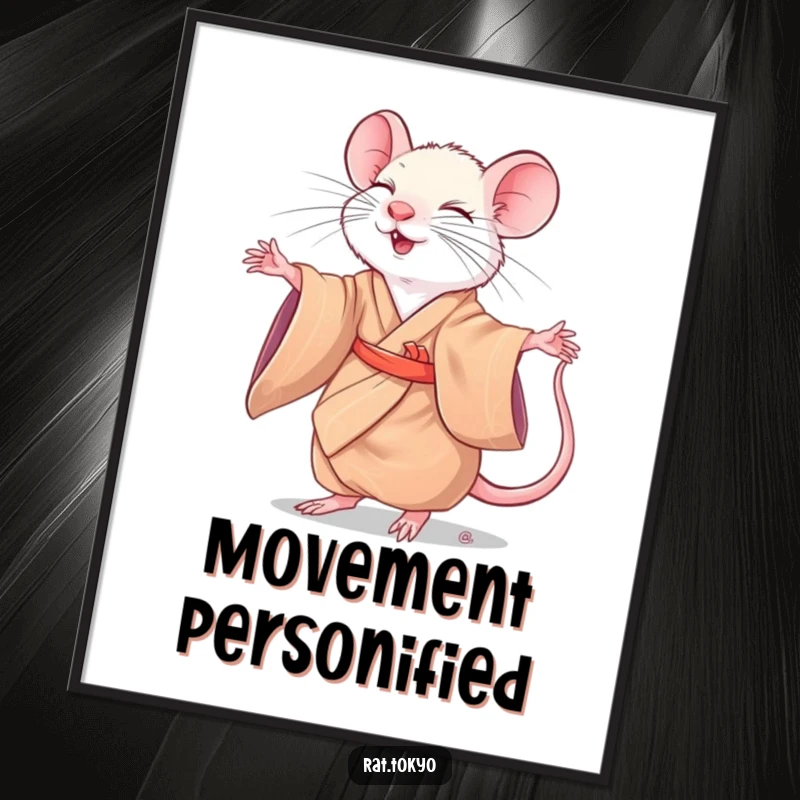 Funny rat in a flowing silk kimono, captured mid-twirl with closed eyes, as dynamic wall art.