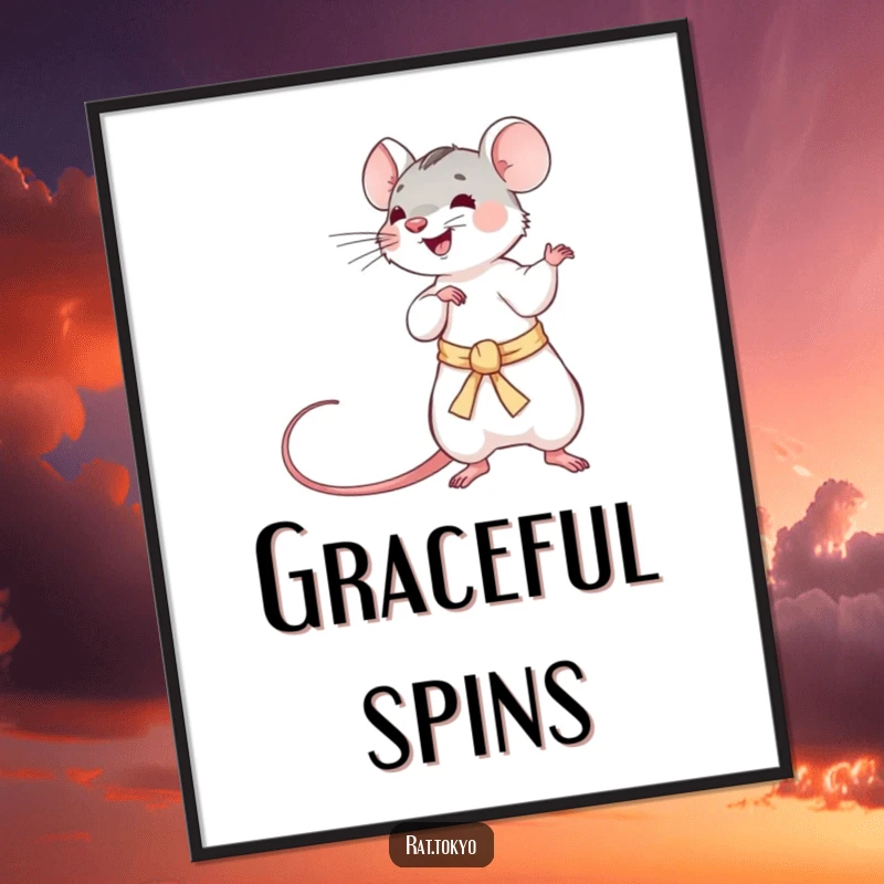 Funny poster art of a playful rat twirling a long, silken obi, conveying dynamic movement and lighthearted fun.