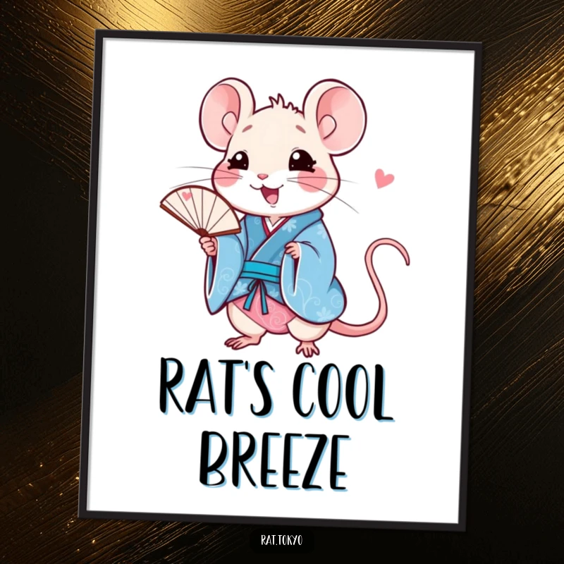 Funny rat poster of a happy character in a blue kimono, holding a fan, adding a touch of vibrant joy and humor.