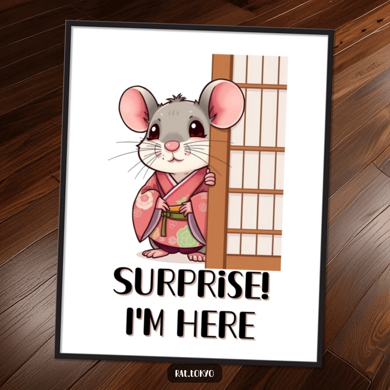 Funny rat in a festive kimono, peeking out with a surprised expression from behind a screen, as wall art.