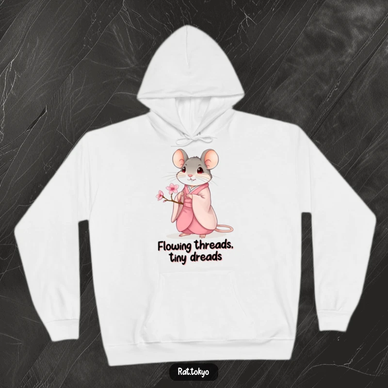 Funny Hoodie: A rat in a flowing kimono holds a small cherry blossom, exuding serene and humorous elegance.