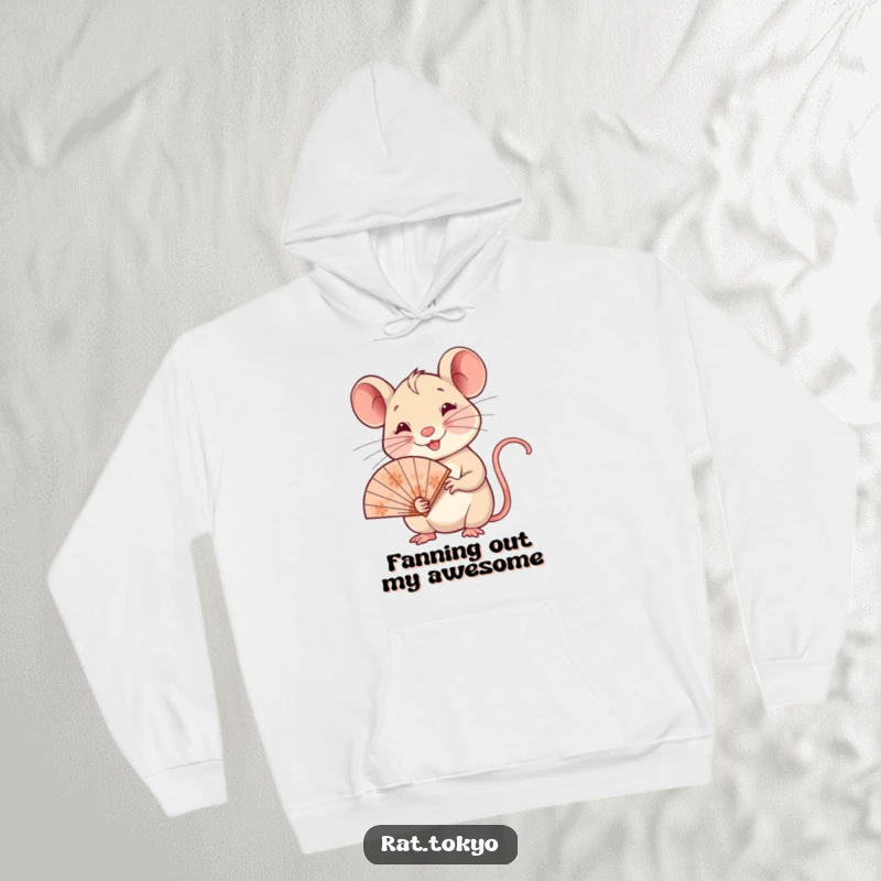 Funny hoodie depicting a smiling rat holding an ornate, delicate fan, suggesting a cozy yet elegant style with humor.