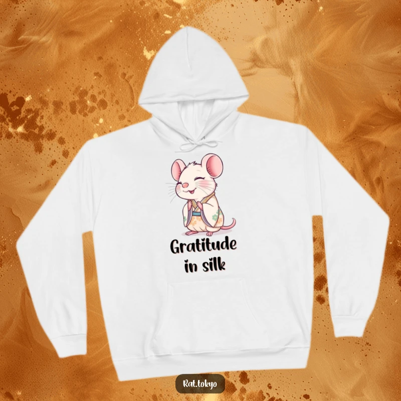 Funny rat in a decorated kimono, bowing slightly with a happy smile, featured on a soft, warm hoodie.
