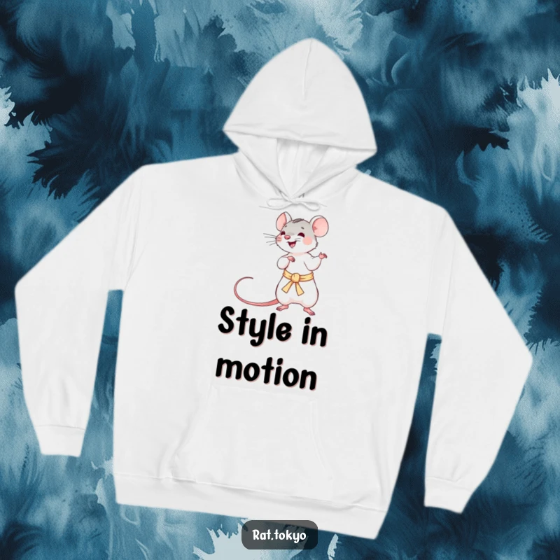 Funny hoodie featuring a playful rat twirling a long, silken obi, offering warmth and a touch of martial arts humor.
