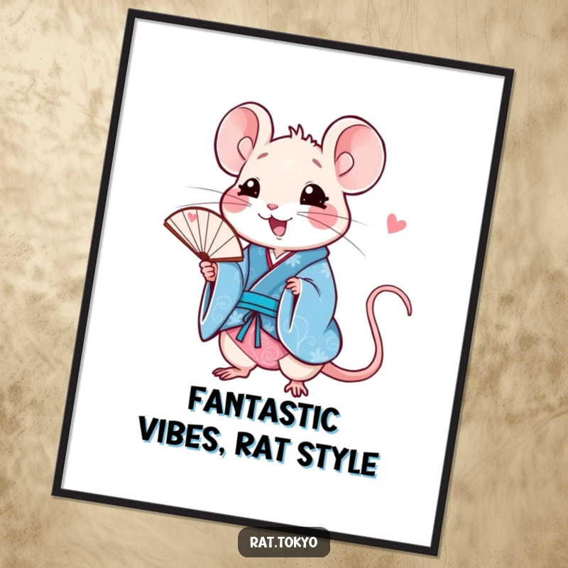 Funny Free Printable Wall Art: Happy rat character in a vibrant blue kimono, holding a delicate fan with a smile.