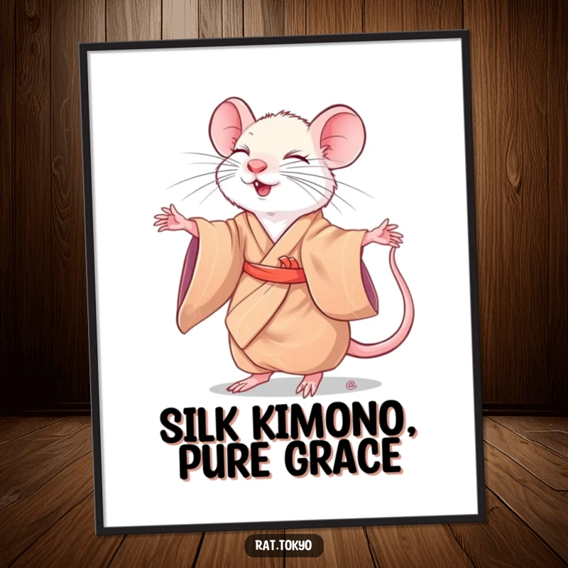 Funny Free Printable Wall Art: A rat in a silk kimono gracefully twirls with closed eyes, embodying pure delight.