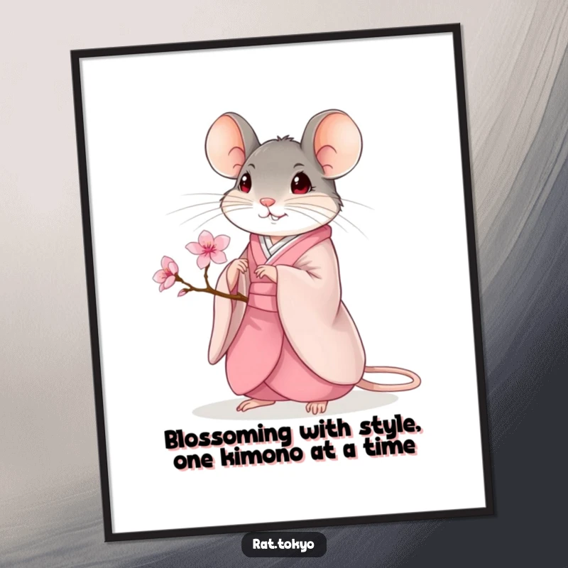 Funny Free Printable Wall Art of a graceful rat in a flowing kimono holding a delicate cherry blossom, bringing serene charm to any room.