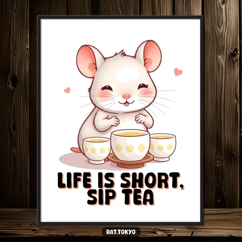Funny Free Printable Wall Art: A happy rat is engrossed in a tiny tea ceremony, creating a peaceful, amusing scene.