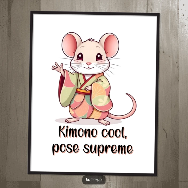 Funny Free Printable Wall Art: A cute rat in a colorful, flowing kimono striking an exceptionally graceful and stylish pose.