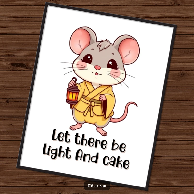 Funny Free Printable Wall Art: A delighted rat in a yellow kimono holds a small lantern, casting a warm, humorous glow.