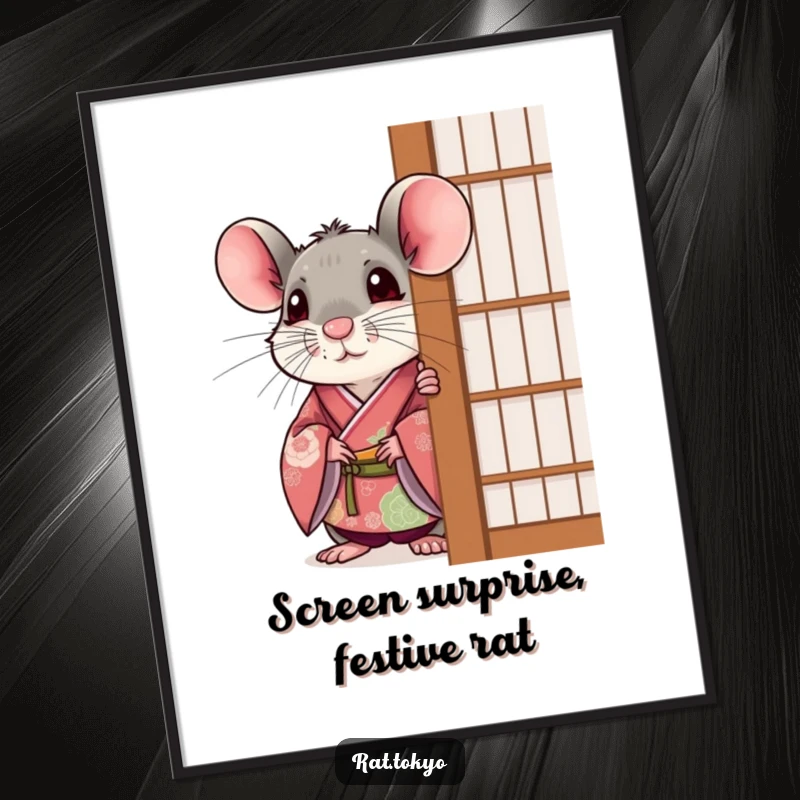 Funny Free Printable Wall Art: A surprised rat in a festive kimono peeks playfully from behind a screen, adding whimsy.