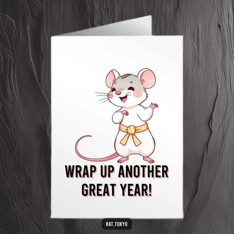 Funny Free Printable Birthday Card: A playful rat energetically twirls a long, silken obi with flair.