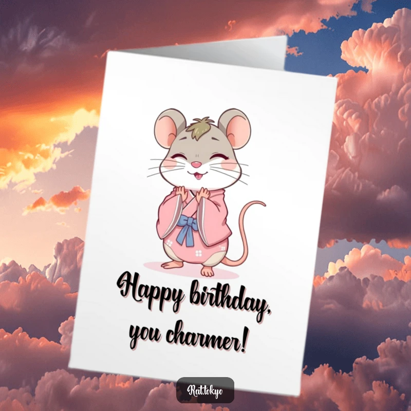 Funny Free Printable Birthday Card: Cheerful rat wearing a detailed pink kimono, bowing gracefully with a warm smile.