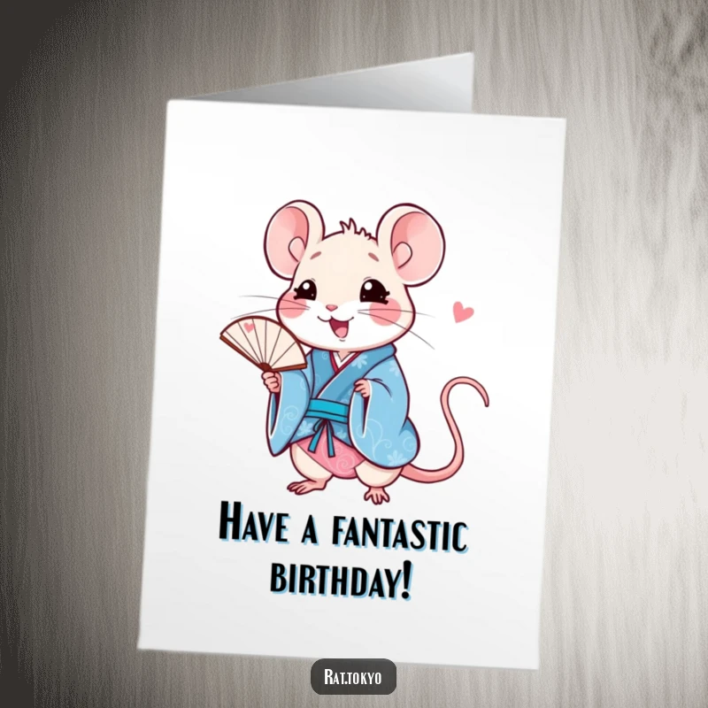 Funny Free Printable Birthday Card: Happy rat in a blue kimono, holding a delicate fan with a cheerful smile.