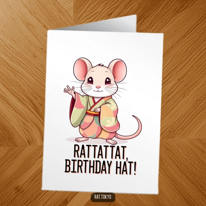 Funny Free Printable Birthday Card: A cute rat in a colorful kimono striking a graceful, elegant pose.