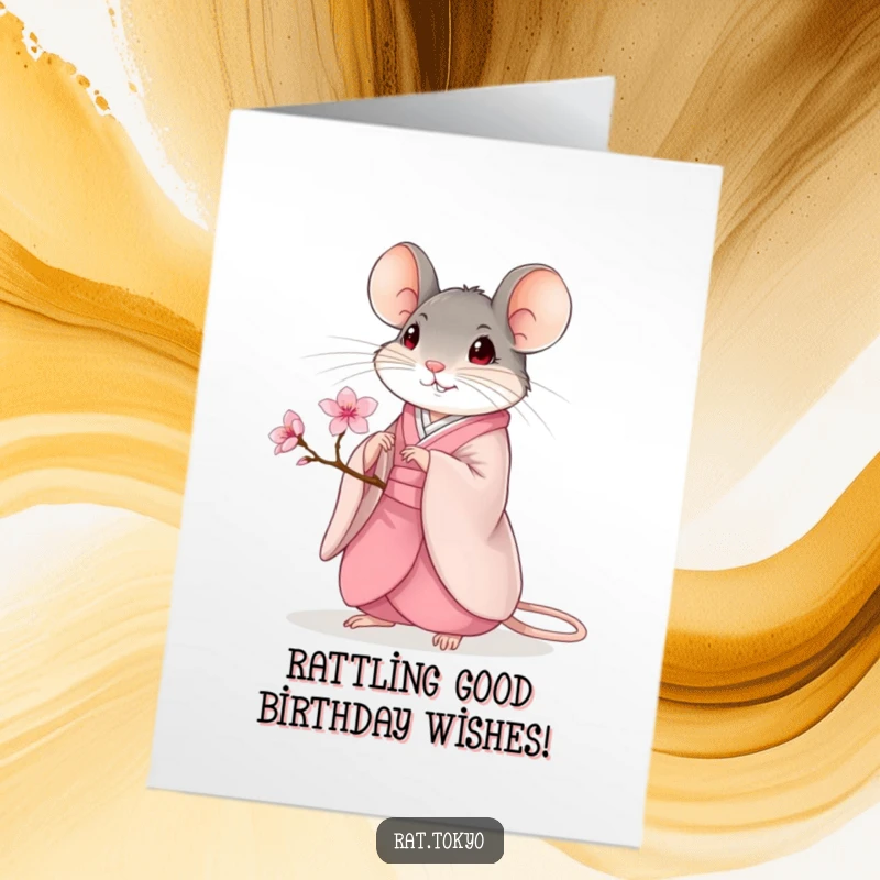 Funny Free Printable Birthday Card featuring a graceful rat in a kimono holding a cherry blossom, ready to celebrate your special day.