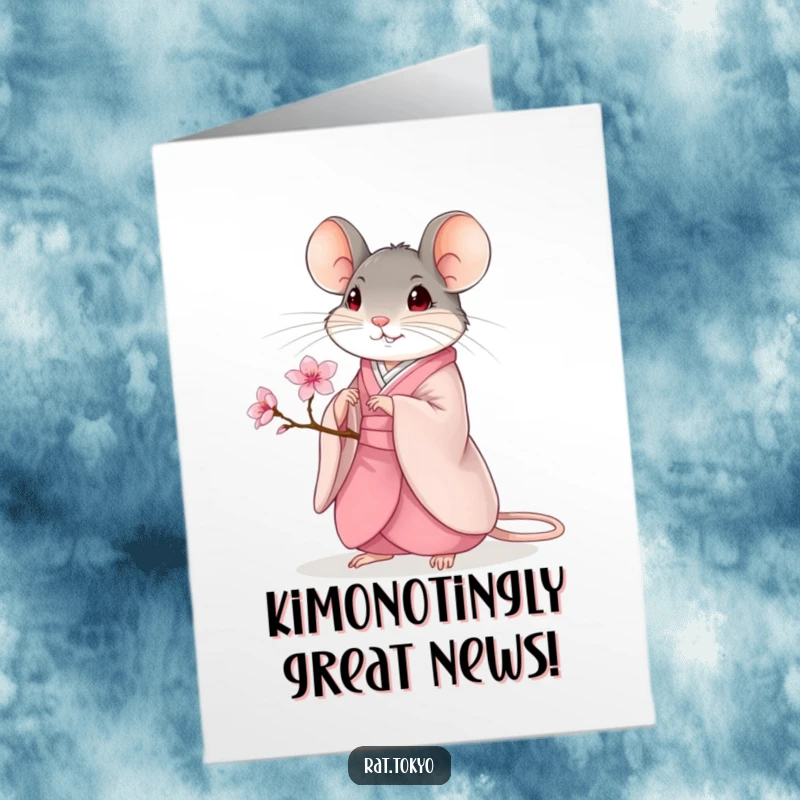 Funny Free Printable Congratulations Card showing a sophisticated rat in a kimono holding a cherry blossom, celebrating an amazing accomplishment.