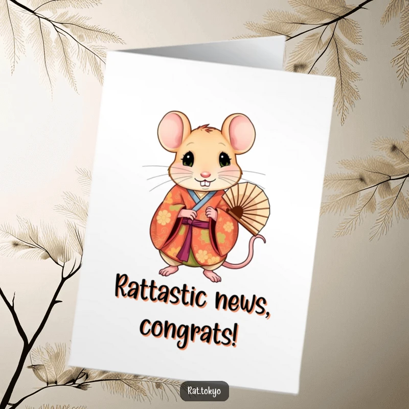 Funny Free Printable Congratulations Card featuring a curious rat in a patterned kimono, holding a fan with celebratory flair.