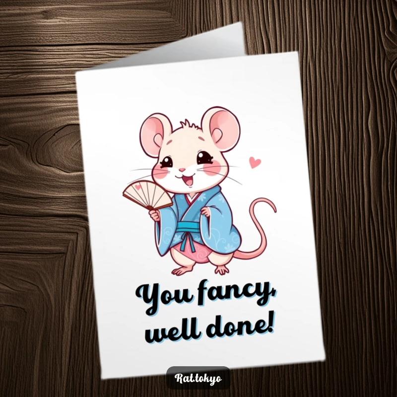 Funny Free Printable Congrats Card: Happy rat in a vibrant blue kimono, holding a fan to celebrate.