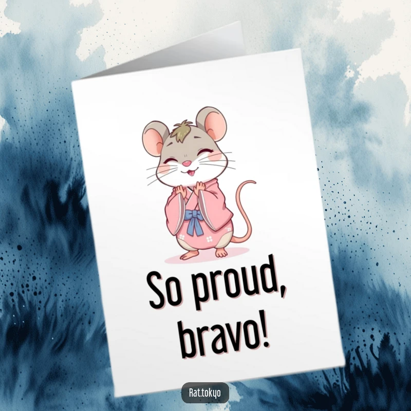 Funny Free Printable Congrats Card: Cheerful rat in a pink kimono, bowing gracefully to congratulate.