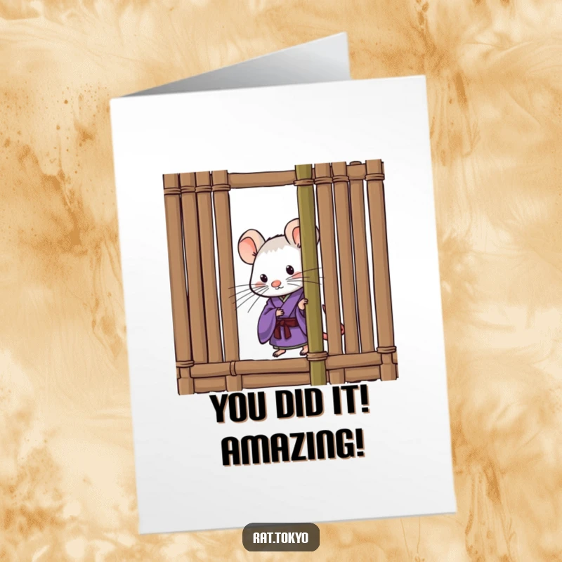 Funny Free Printable Congratulations Card: A curious rat in a purple kimono peeks out from behind a bamboo screen, offering congratulations.