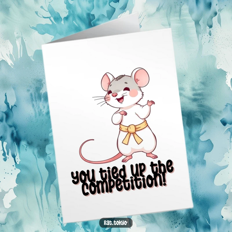 Funny Free Printable Congratulations Card: A playful rat shows off with a gracefully twirled silken obi, celebrating success.