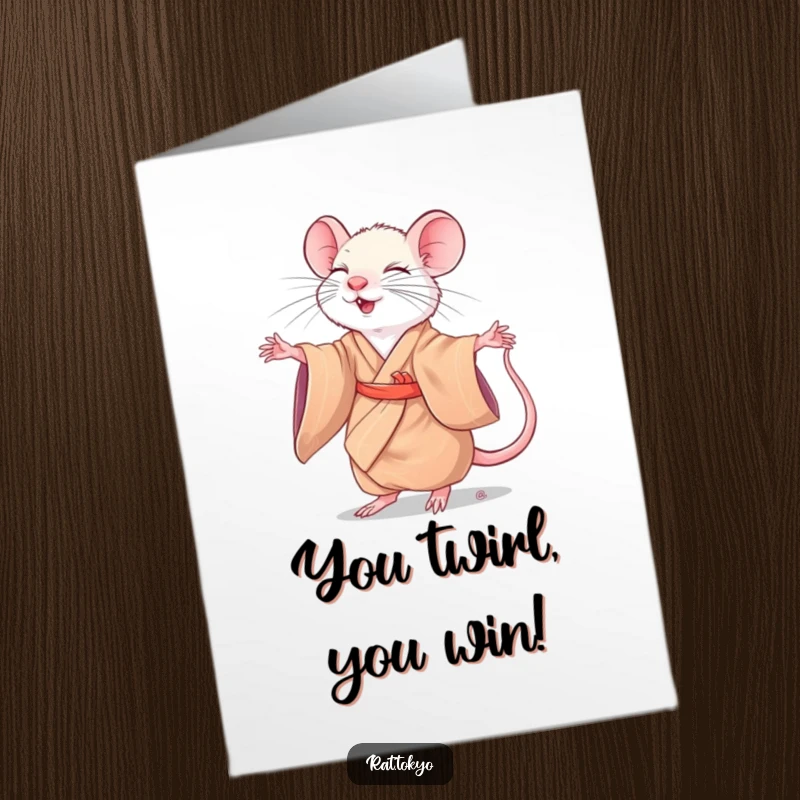 Funny Free Printable Congratulations Card: A rat in a silk kimono twirls joyfully with eyes closed, celebrating victory.