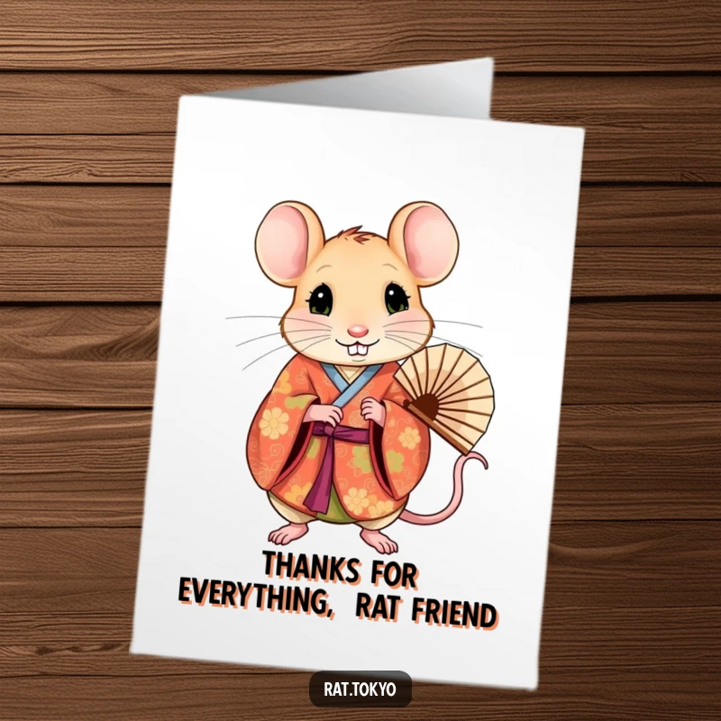 Funny Free Printable Thank You Card: A curious rat in a detailed kimono holds a fan, expressing thanks elegantly.