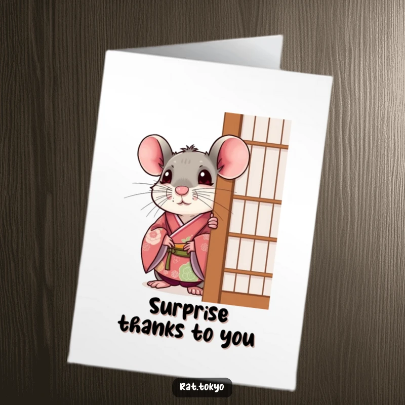 Funny Free Printable Thank You Card: A surprised rat in a festive kimono peeks from behind a screen, saying thanks.