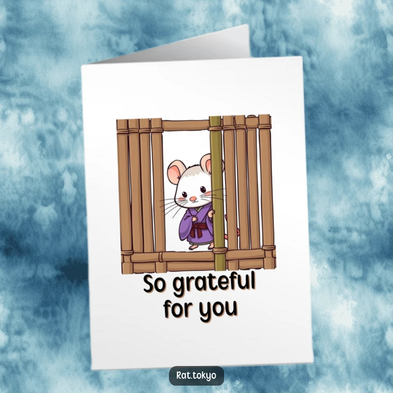 Funny Free Printable Thank You Card: A curious rat in a purple kimono peeks from behind a bamboo screen, conveying thanks humorously.
