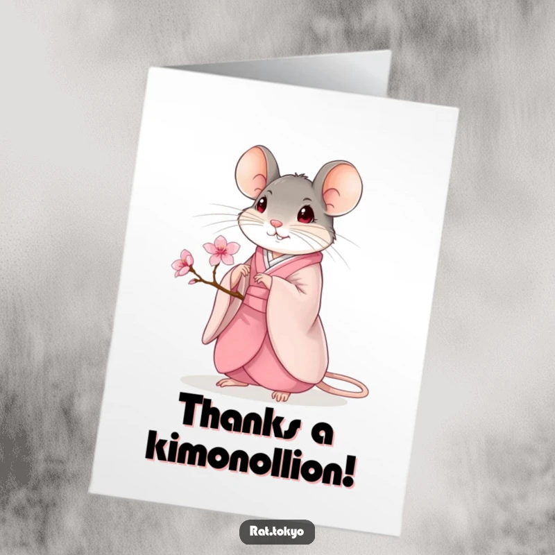 Funny Free Printable Thank You Card featuring a graceful rat in a kimono with a cherry blossom, conveying heartfelt thanks with elegance.