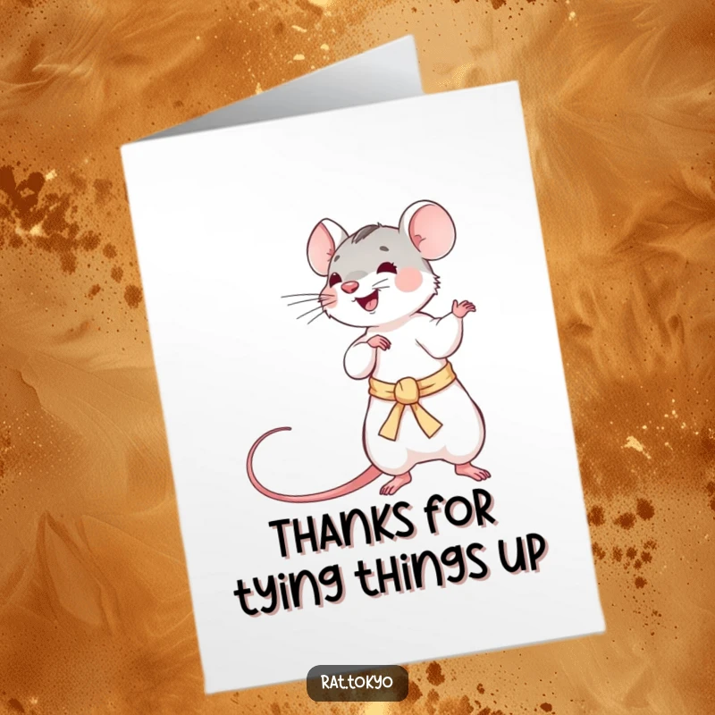 Funny Free Printable Thank You Card: A playful rat twirls a silken obi, conveying thanks with dynamic flair.