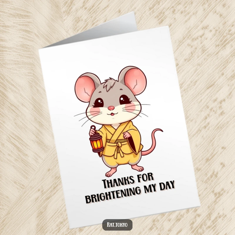 Funny Free Printable Thank You Card: A delighted rat in a yellow kimono holds a small lantern, offering thanks with glowing warmth.