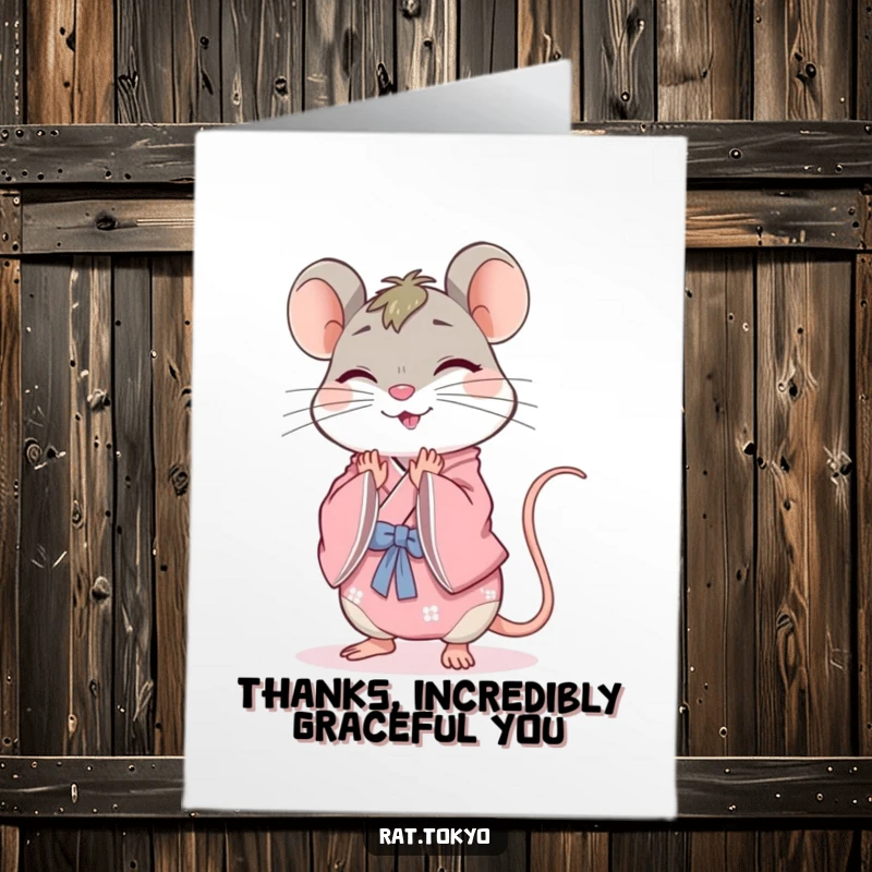 Funny Free Printable Thank You Card: Cheerful rat in a pink kimono, bowing gracefully to express thanks.