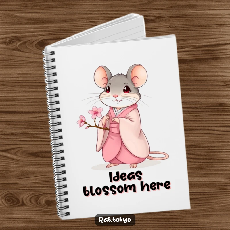 Funny Notebook: A rat in a flowing kimono holds a cherry blossom, perfect for jotting down elegant and humorous ideas.