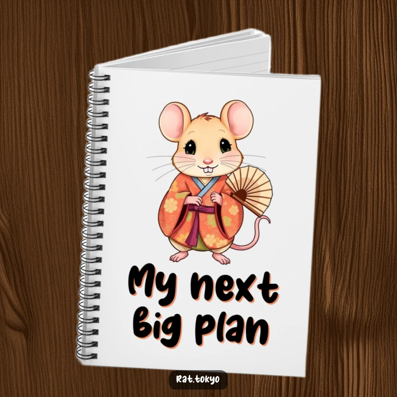 Funny rat in a vibrant kimono holding a fan, gracing the cover of a notebook for elegant writing.
