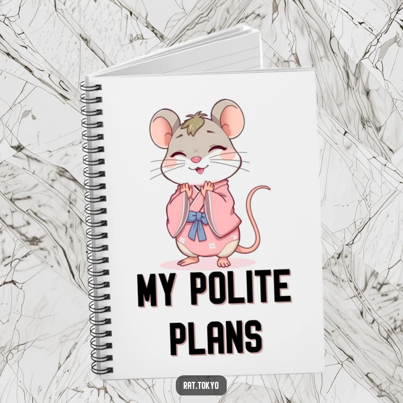 Funny rat notebook with a cheerful character in a pink kimono, bowing gracefully, perfect for note-taking and journaling.