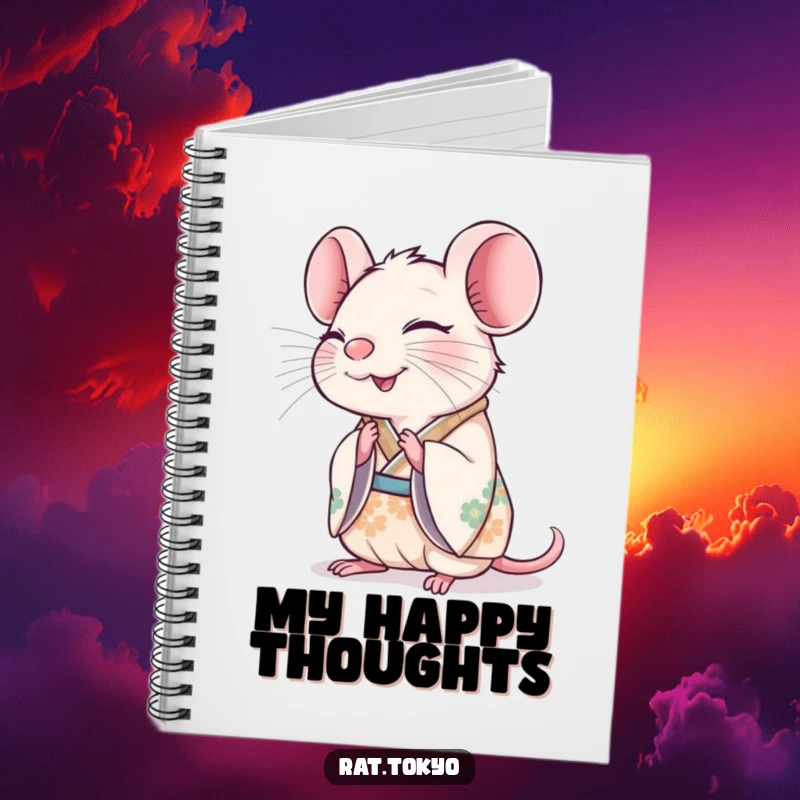 Funny rat in a decorated kimono, bowing slightly with a happy expression, on a cheerful notebook cover.