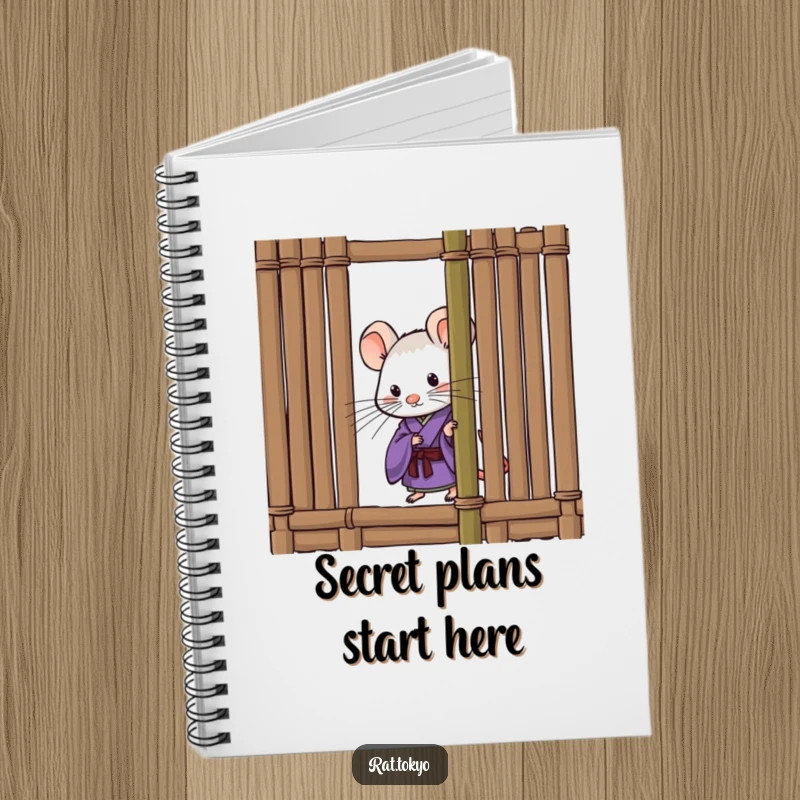 Funny notebook with a curious rat in a purple kimono, peeking from behind a bamboo screen, perfect for journaling and creative thoughts.