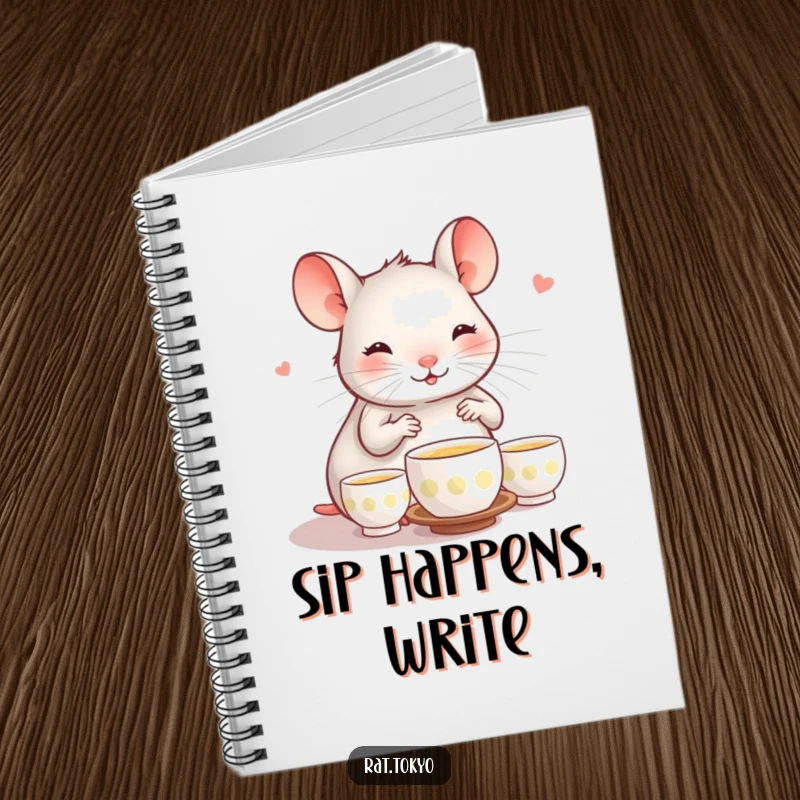 Funny notebook with a happy rat performing a tea ceremony with tiny cups, suitable for jotting down notes with a serene touch.