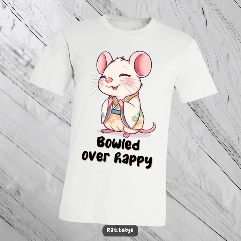 Funny rat in a decorated kimono, bowing happily with a cheerful expression, printed on a comfortable t-shirt.