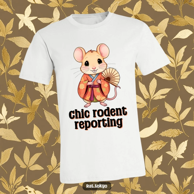 Funny rat wearing a vibrant, traditional kimono and holding a delicate fan, looking curious on a t-shirt.