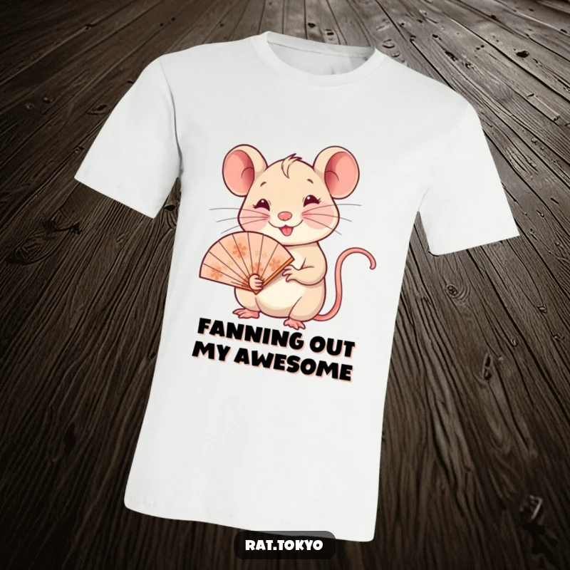 Funny t-shirt with a smiling rat holding a delicate ornate fan, embodying grace and a playful sense of humor.