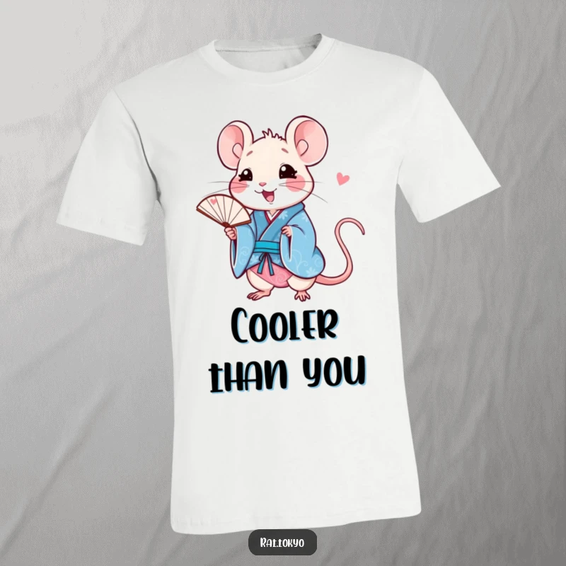 Funny rat t-shirt of a happy character in a blue kimono, holding a fan, showcasing vibrant style and joyful energy.