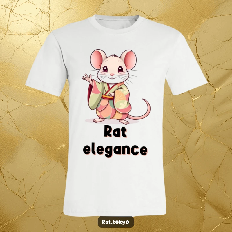 Funny rat t-shirt featuring a cute rat elegantly dressed in a colorful kimono, striking a poised and graceful pose.