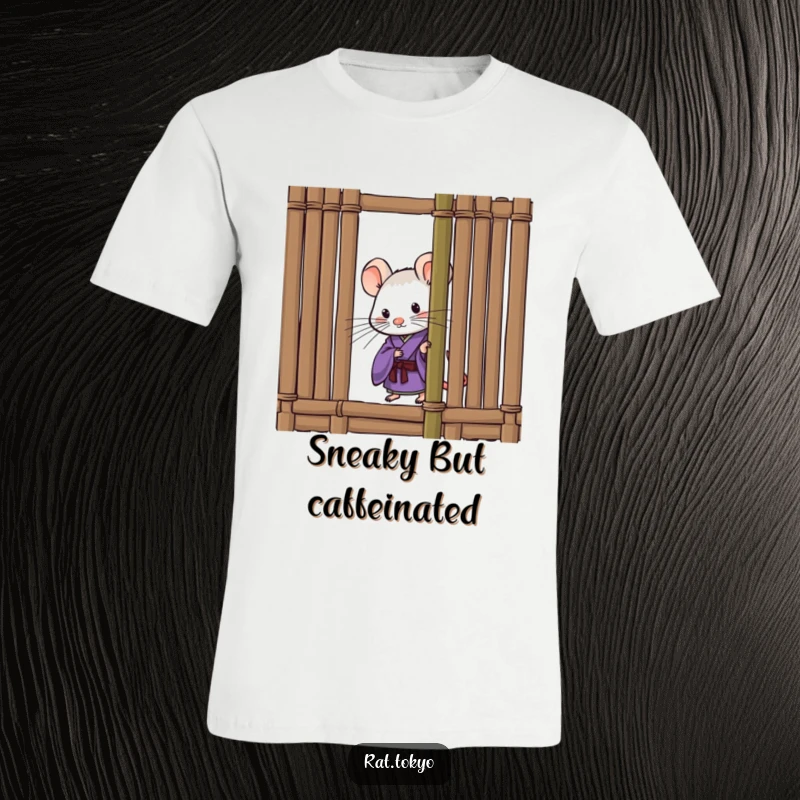 Funny t-shirt featuring a curious rat in a purple kimono, peeking mischievously from behind a bamboo screen, perfect for adding a humorous touch.
