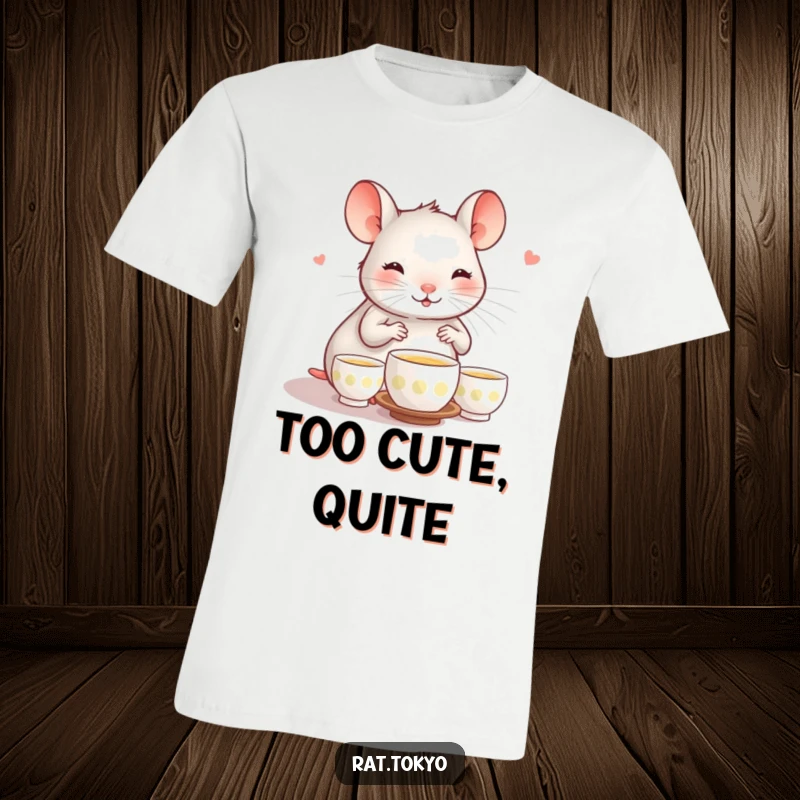 Funny t-shirt depicting a happy rat conducting a tea ceremony with miniature cups, showcasing a calm and humorous personality.