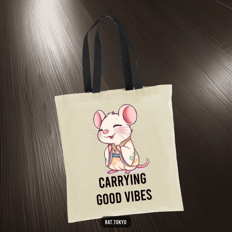 Funny rat in a decorated kimono, bowing slightly with a happy expression, on a stylish tote bag.