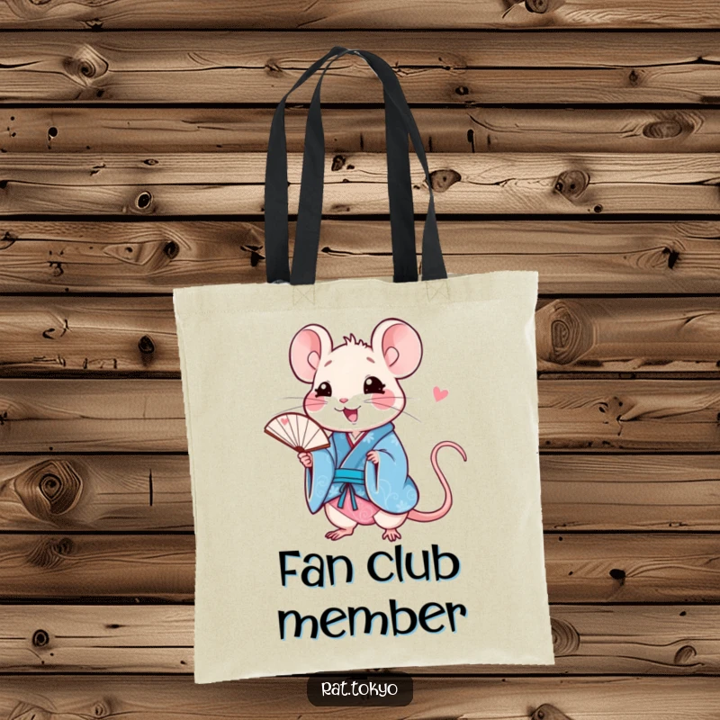 Funny rat tote bag with a happy character in a blue kimono, holding a fan, perfect for shopping or carrying daily items.