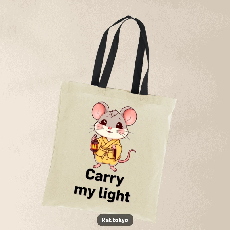 Funny tote bag featuring a delighted rat in a yellow kimono holding a small lantern, perfect for carrying essentials with a dose of happiness.